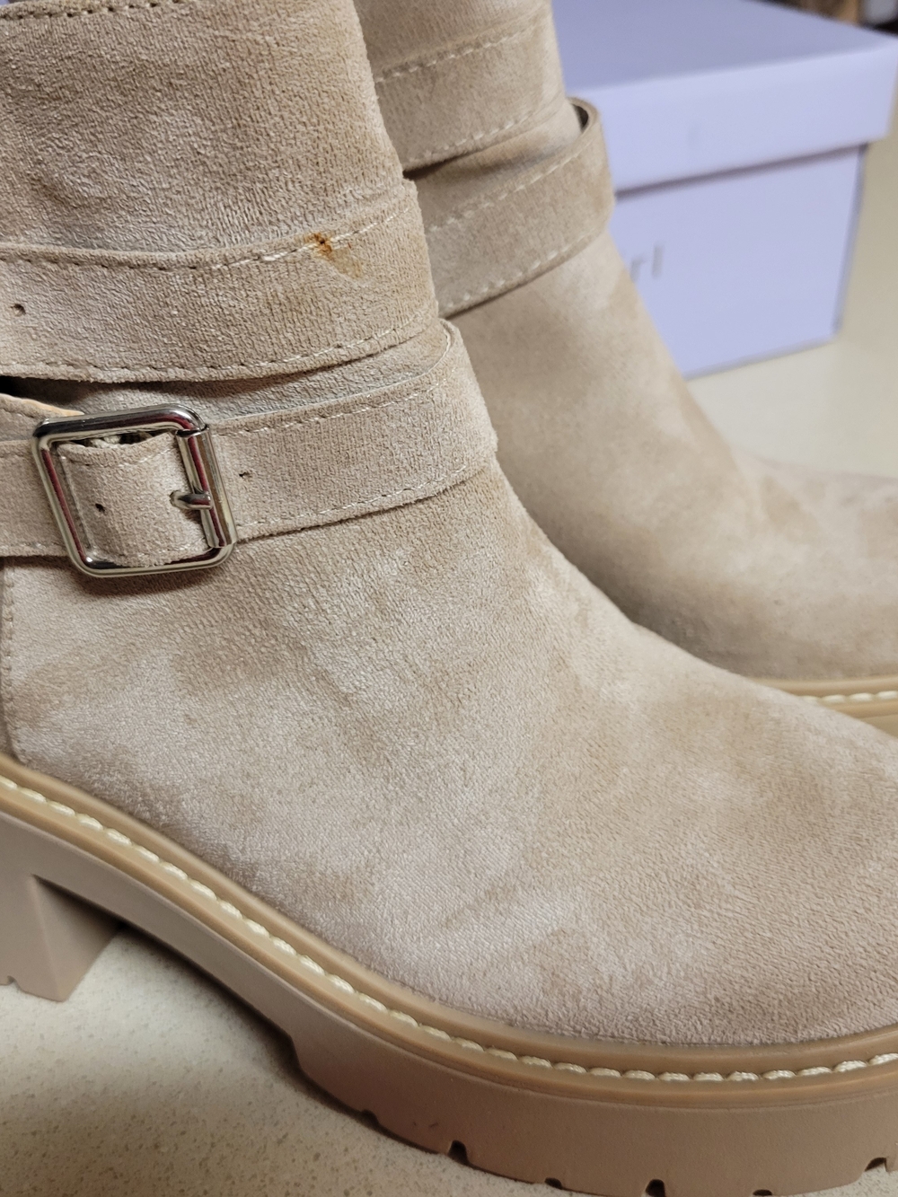 Women’s Beige Suede Ankle Boots with Buckle